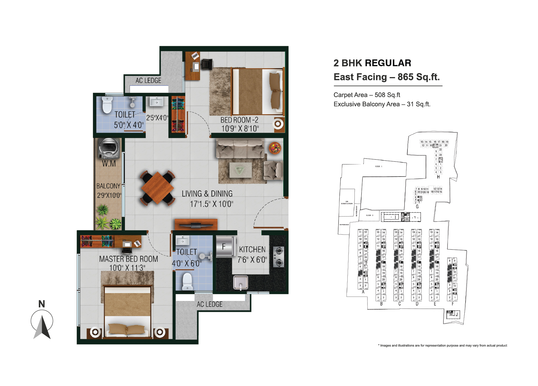 2 BHK Regular East Facing 865 Sq.ft. Floor Plan