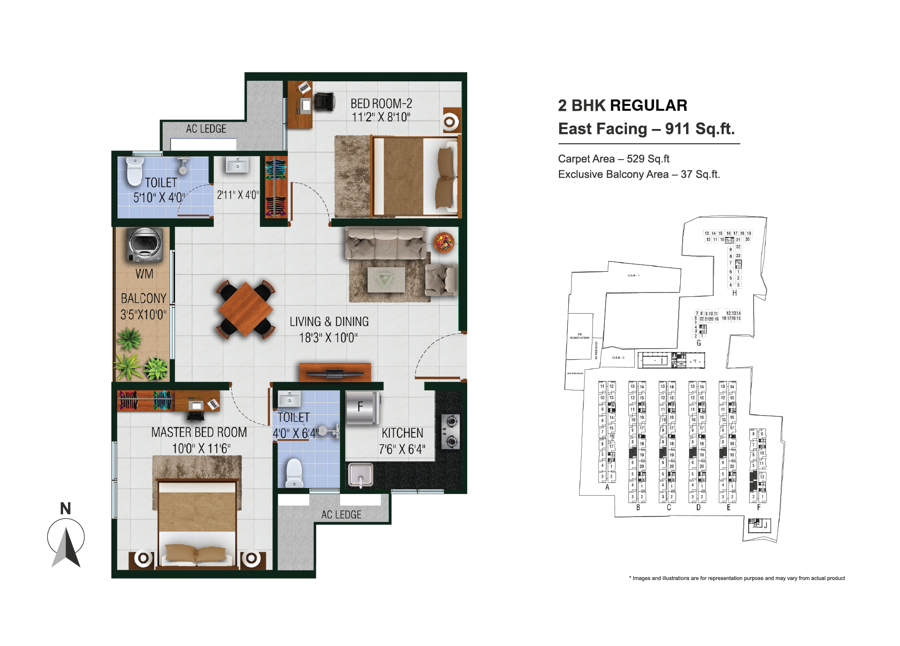 2 BHK Regular East Facing 911 Sq.ft. Floor Plan