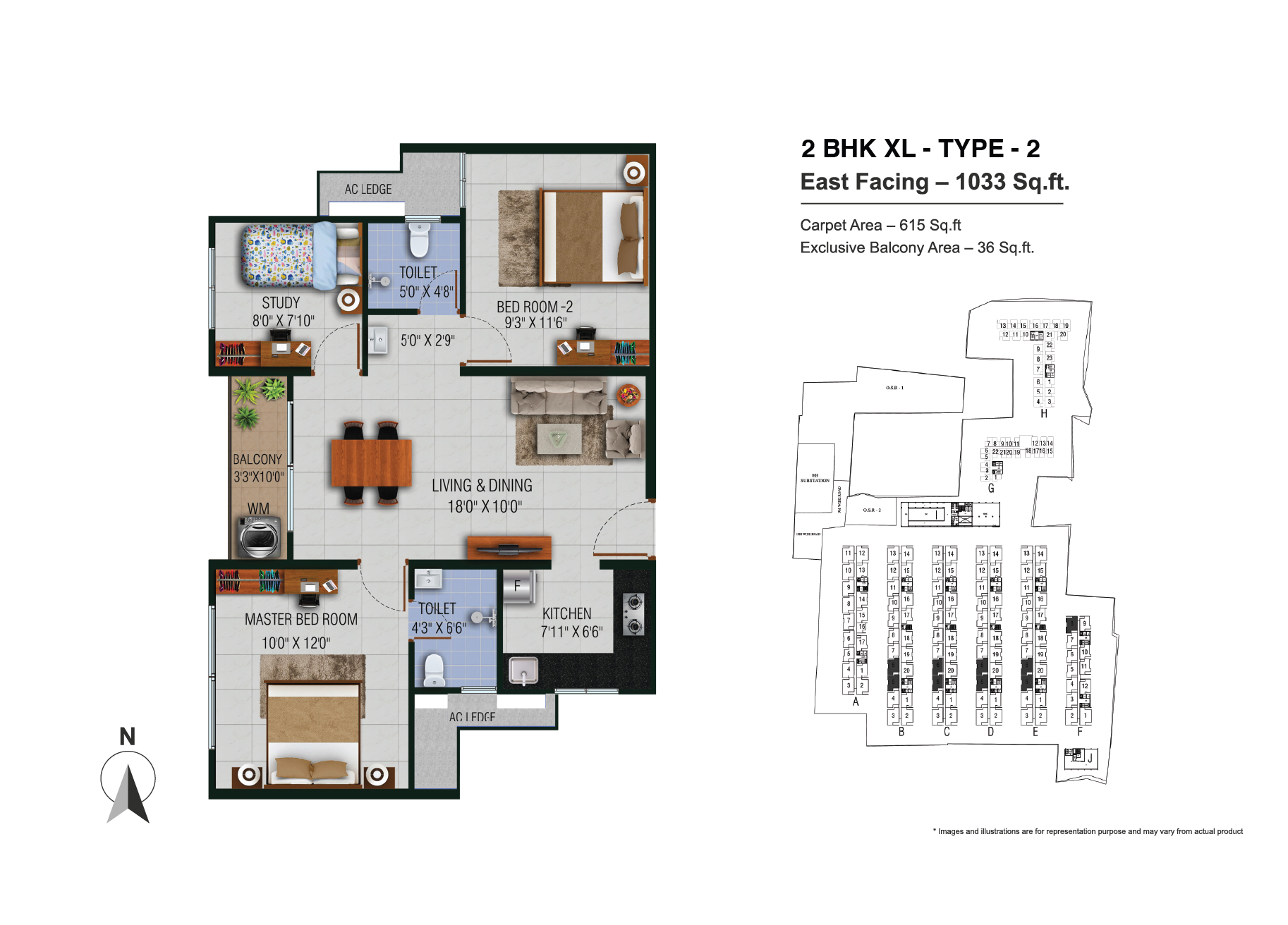 2 BHK XL Type 2 East Facing 1033 Sq.ft. Floor Plan