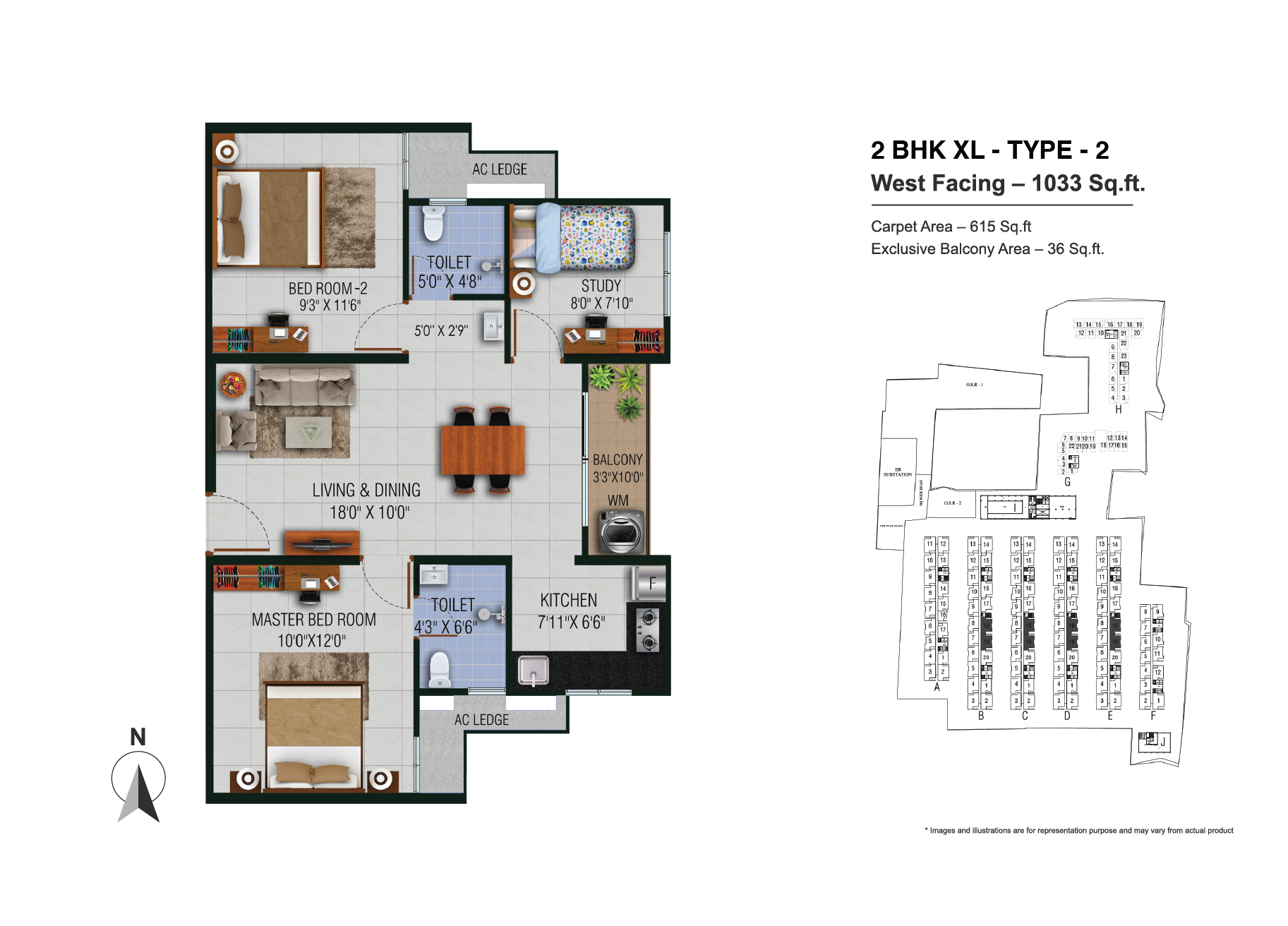 2 BHK XL Type 2 West Facing 1033 Sq.ft. Floor Plan