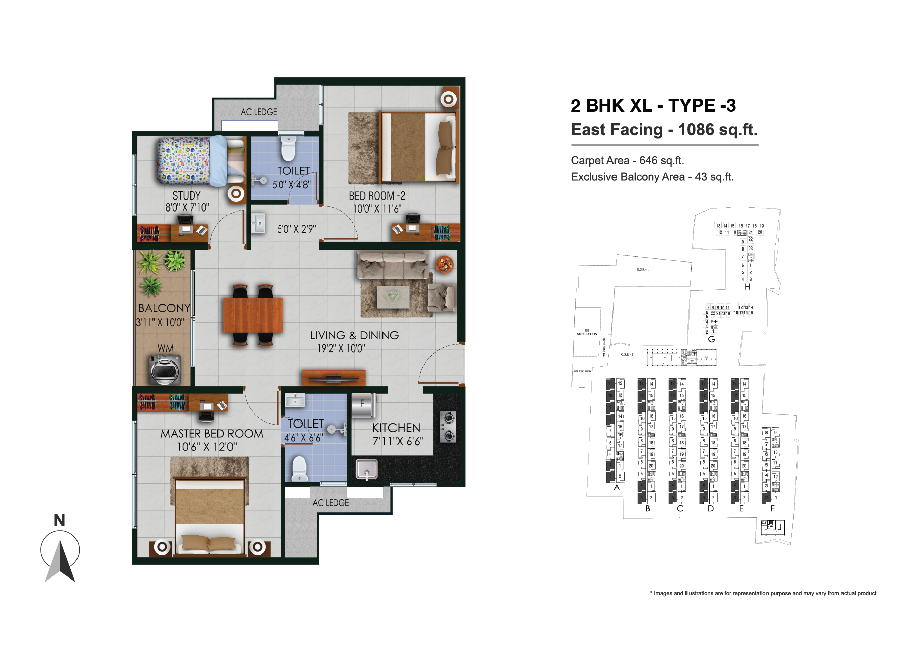 2 BHK XL Type 3 East Facing 1086 Sq.ft. Floor Plan