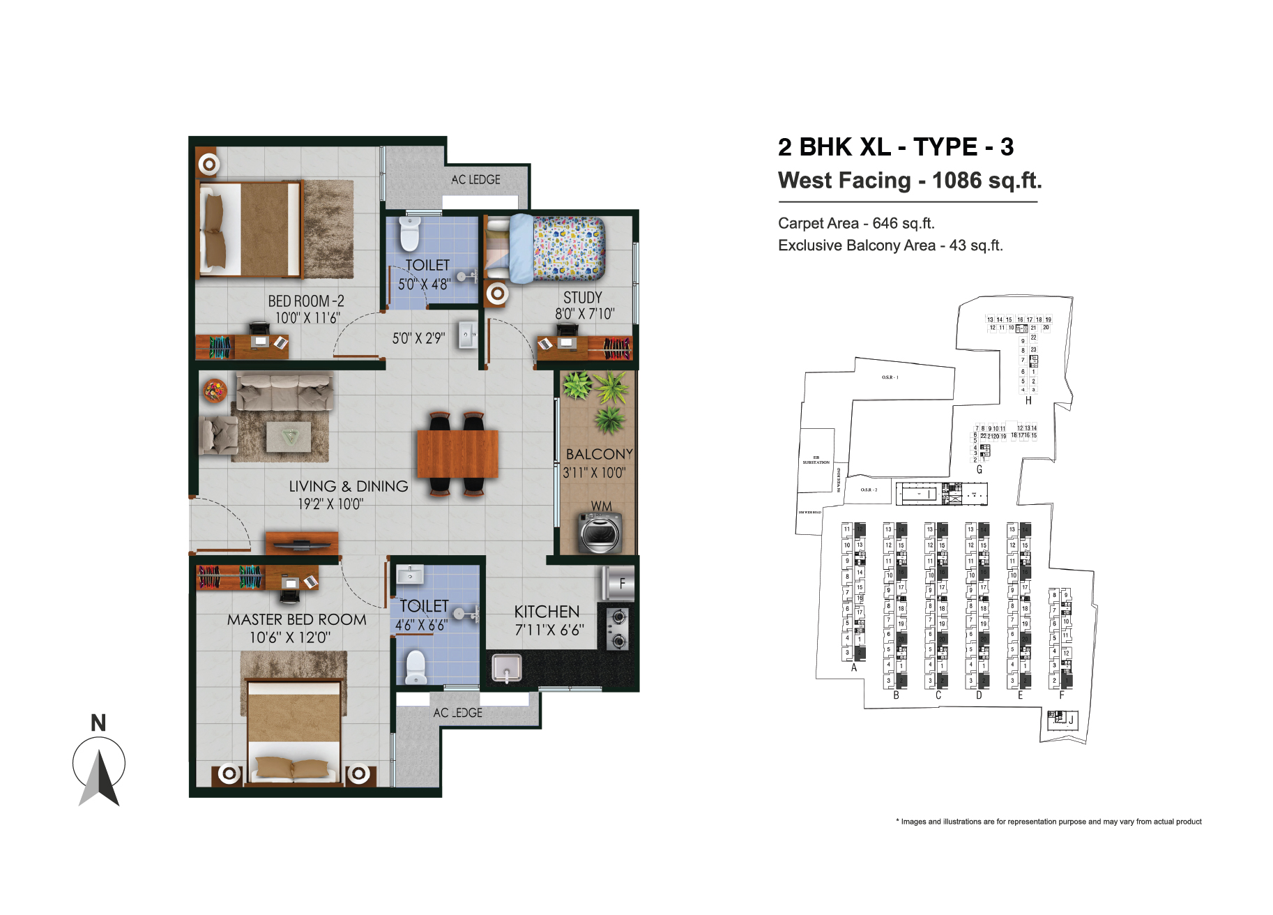 2 BHK XL Type 3 West Facing 1086 Sq.ft. Floor Plan