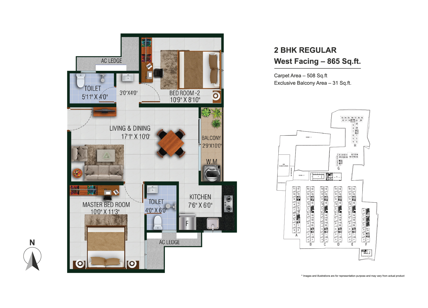 2 BHK Regular West Facing 865 Sq.ft. Floor Plan