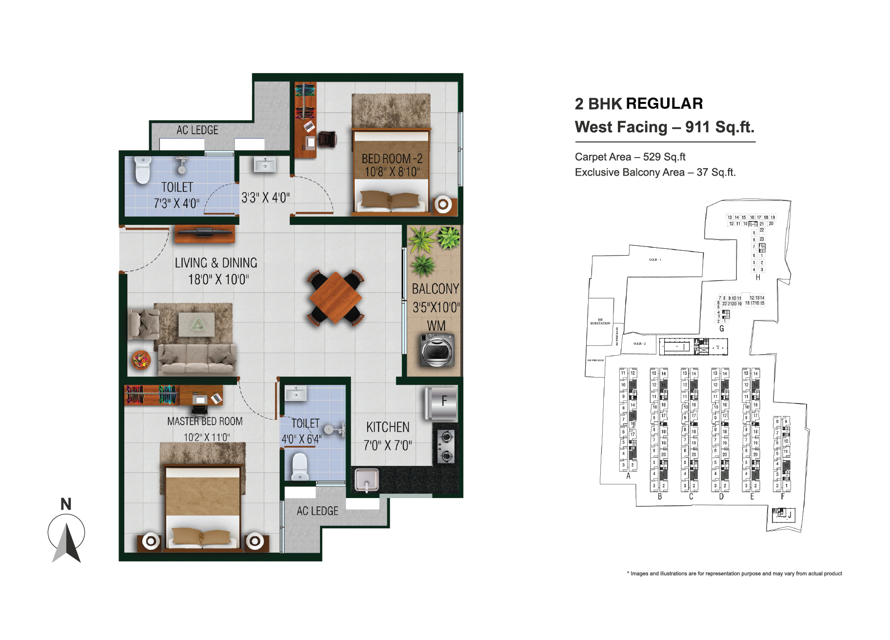 2 BHK Regular West Facing 911 Sq.ft. Floor Plan
